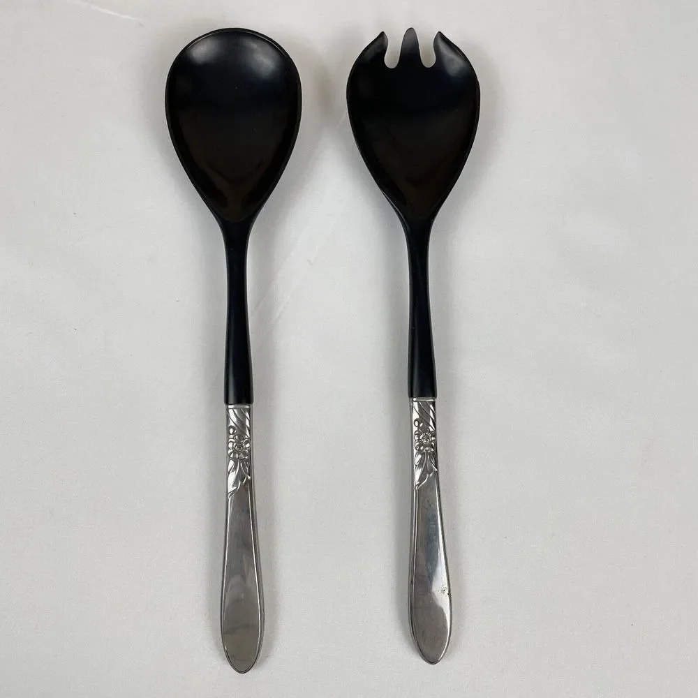 Vintage‎ Salad Serving Utensil Set Plastic & Metal Floral Pattern